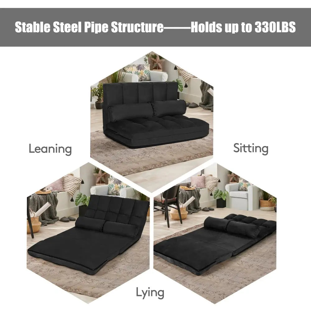 Foldable Floor 6-Position Adjustable Lounge Couch-Black - Black - Floor Chairs