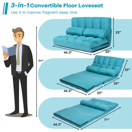 Foldable Floor 6-Position Adjustable Lounge Couch-Blue - Blue - Floor Chairs