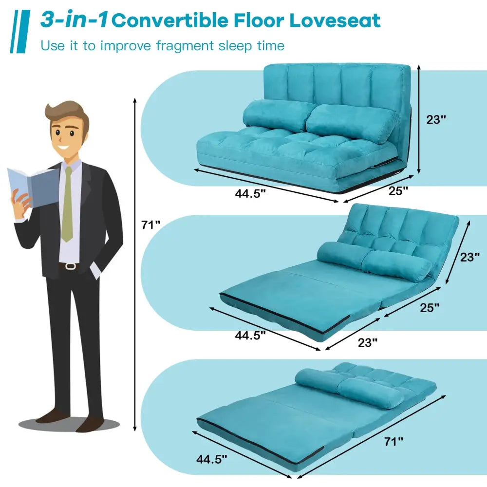 Foldable Floor 6-Position Adjustable Lounge Couch-Blue - Blue - Floor Chairs