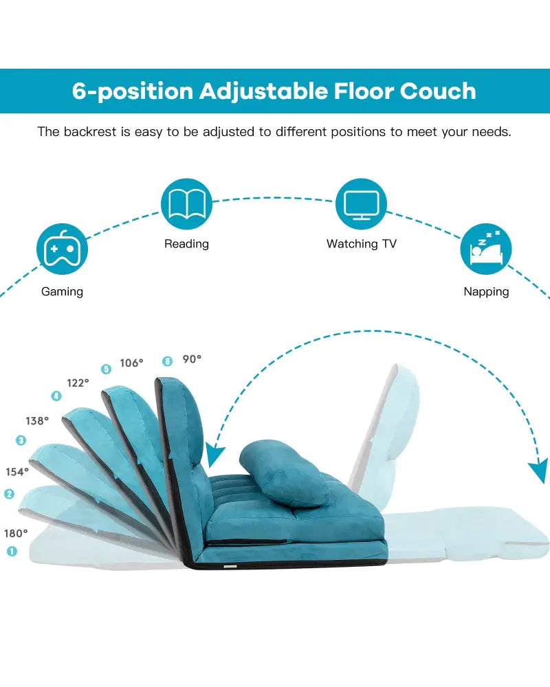 Foldable Floor 6-Position Adjustable Lounge Couch-Blue - Blue - Floor Chairs