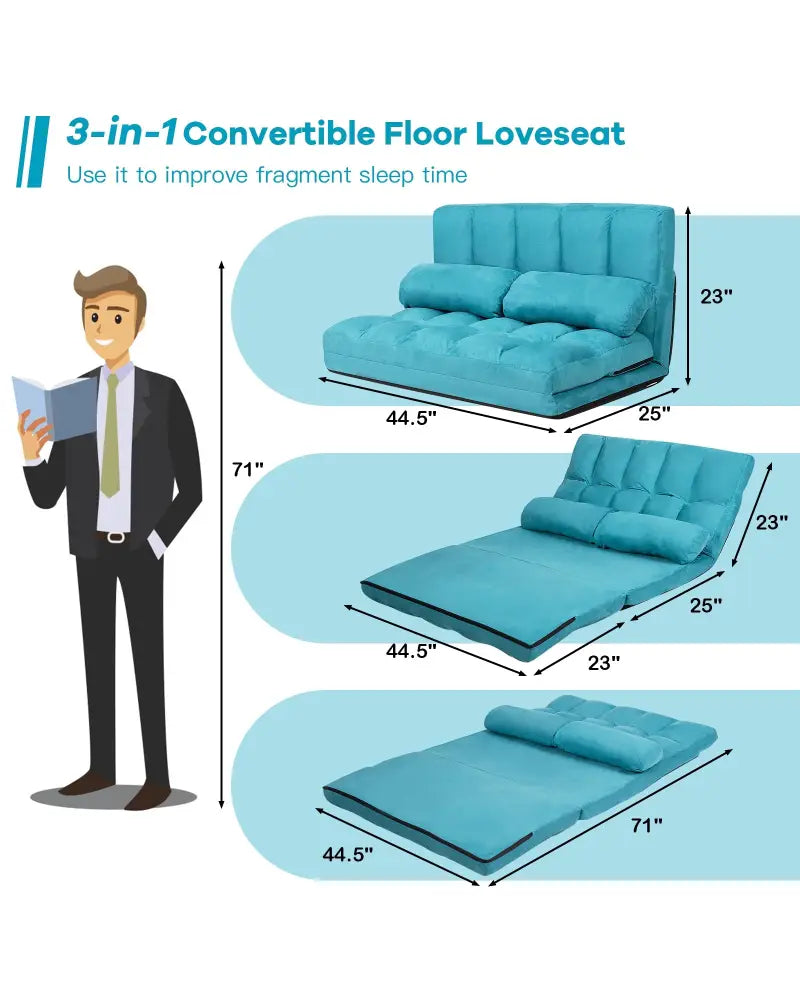 Foldable Floor 6-Position Adjustable Lounge Couch-Blue - Blue - Floor Chairs