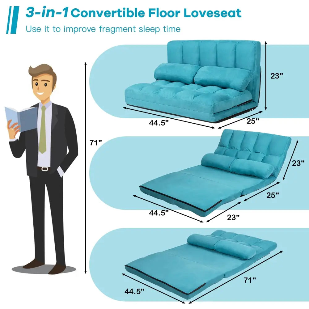 Foldable Floor 6-Position Adjustable Lounge Couch-Blue - Blue - Floor Chairs