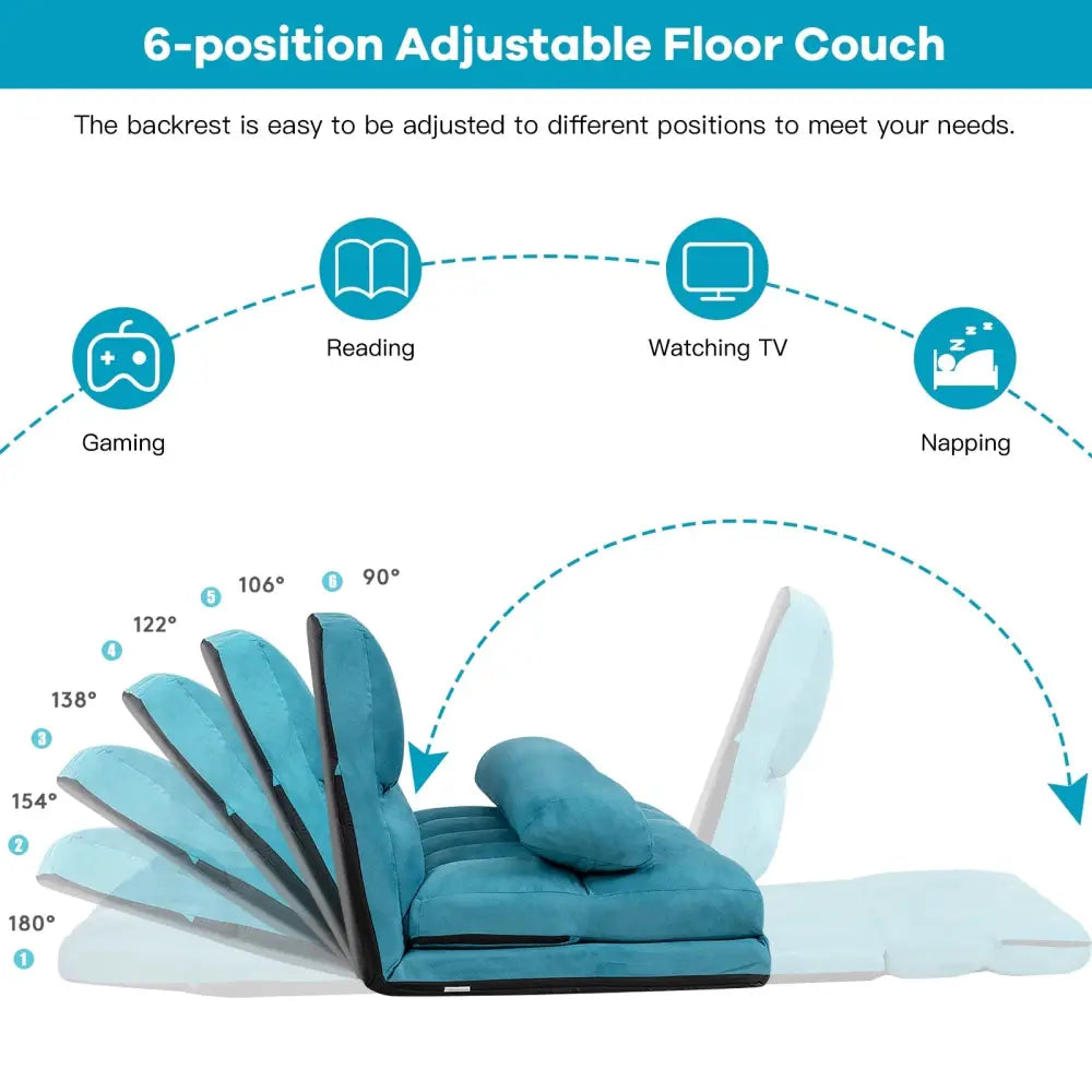 Foldable Floor 6-Position Adjustable Lounge Couch-Blue - Blue - Floor Chairs