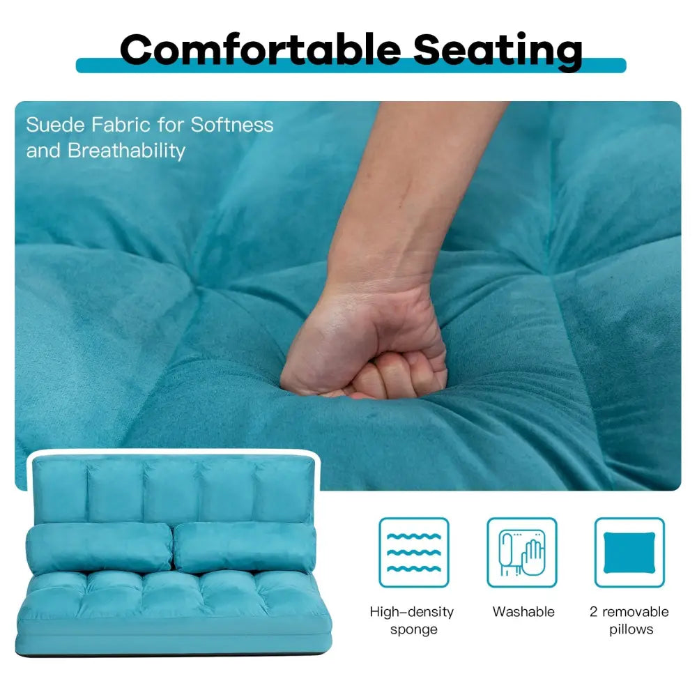 Foldable Floor 6-Position Adjustable Lounge Couch-Blue - Blue - Floor Chairs