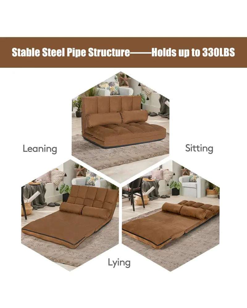 Foldable Floor 6-Position Adjustable Lounge Couch-Brown - Brown - Floor Chairs