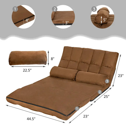 Foldable Floor 6-Position Adjustable Lounge Couch-Brown - Brown - Floor Chairs