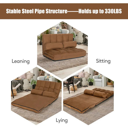 Foldable Floor 6-Position Adjustable Lounge Couch-Brown - Brown - Floor Chairs