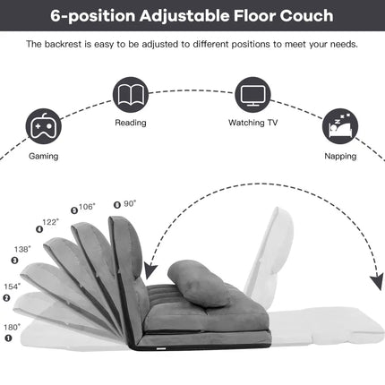 Foldable Floor 6-Position Adjustable Lounge Couch-Gray - Gray - Floor Chairs