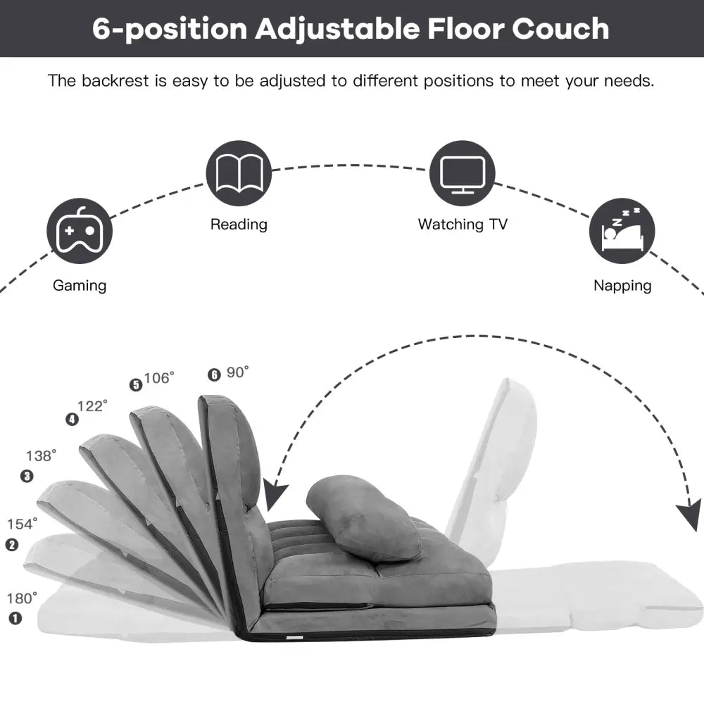 Foldable Floor 6-Position Adjustable Lounge Couch-Gray - Gray - Floor Chairs
