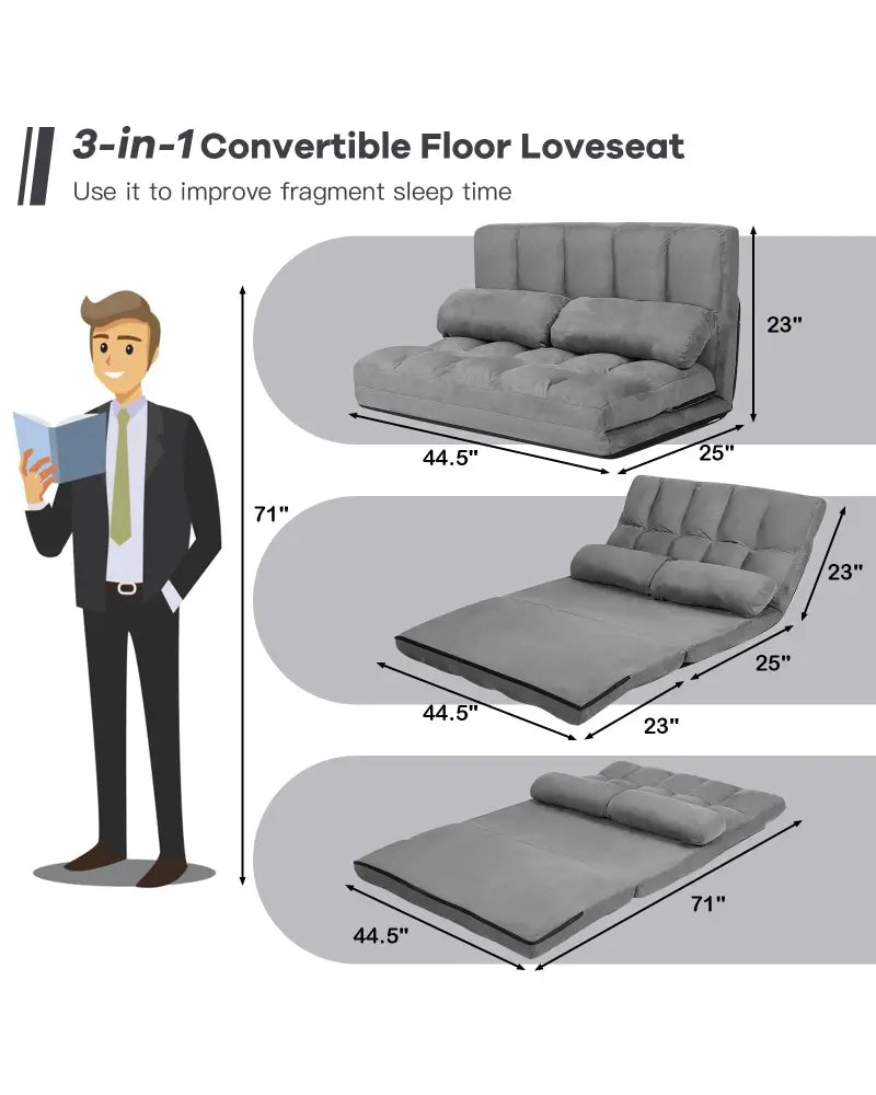 Foldable Floor 6-Position Adjustable Lounge Couch-Gray - Gray - Floor Chairs