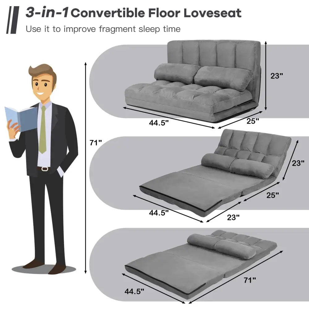 Foldable Floor 6-Position Adjustable Lounge Couch-Gray - Gray - Floor Chairs