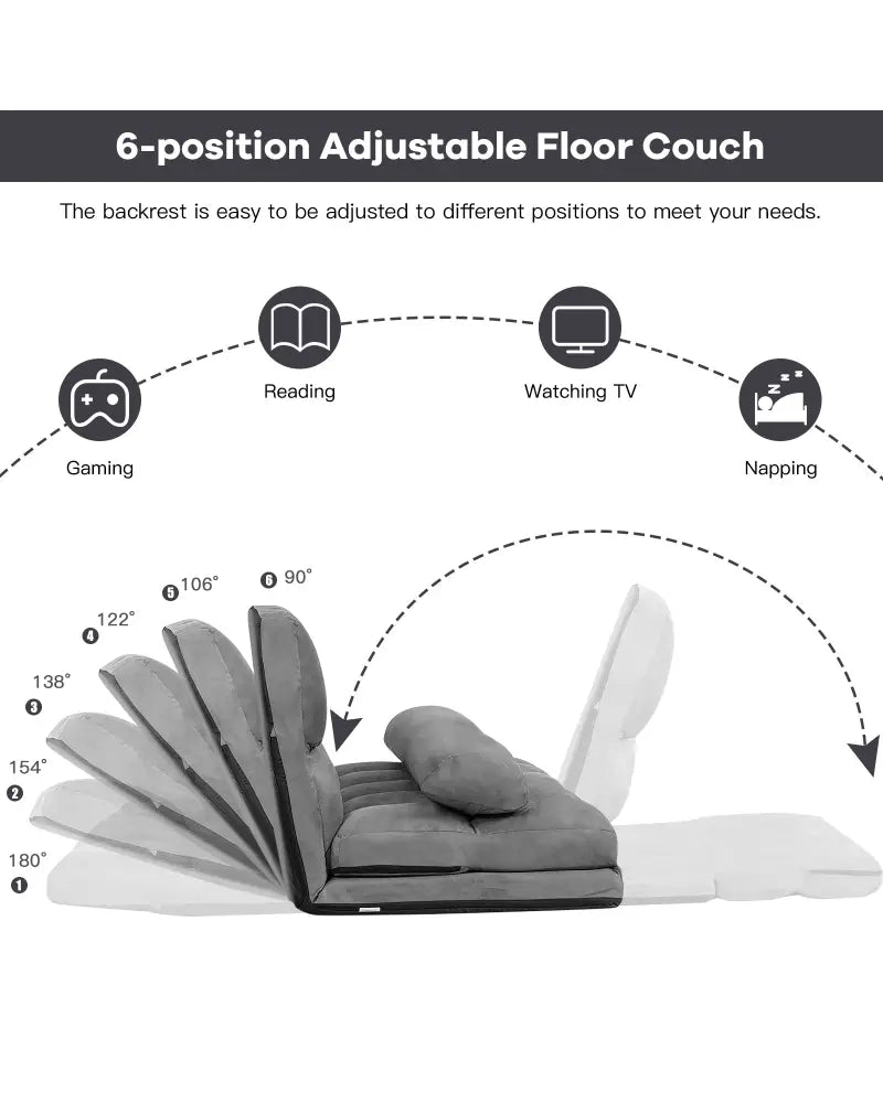 Foldable Floor 6-Position Adjustable Lounge Couch-Gray - Gray - Floor Chairs