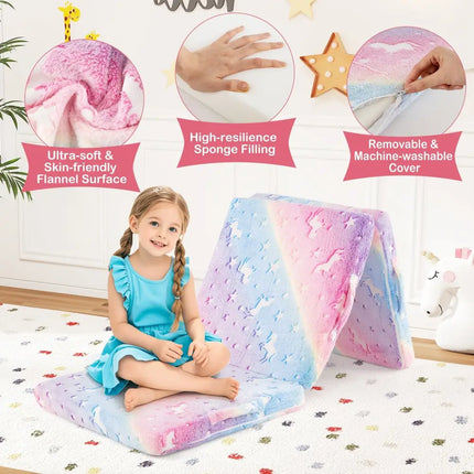 Foldable Floor Mattress for Kids with Washable Flannel Cover-Multicolor - Multicolor - Mattresses