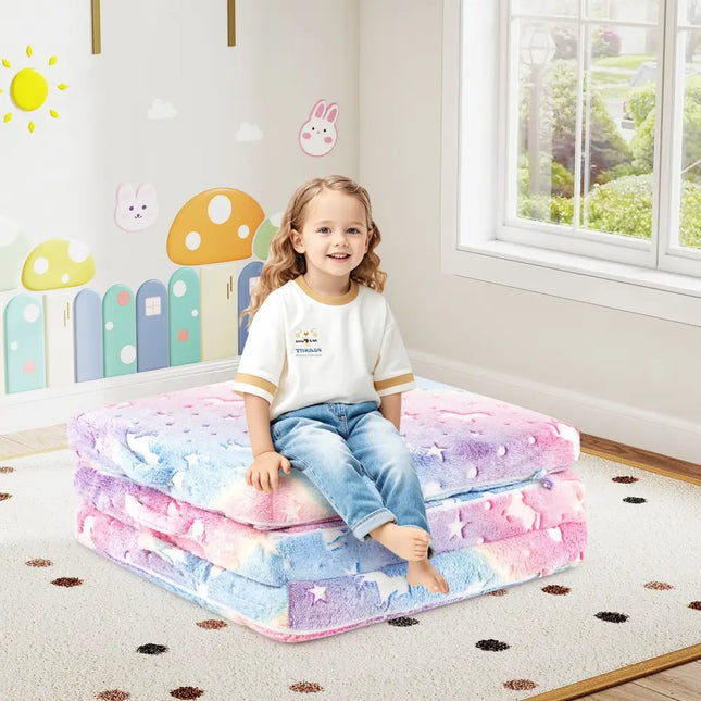 Foldable Floor Mattress for Kids with Washable Flannel Cover-Multicolor - Multicolor - Mattresses