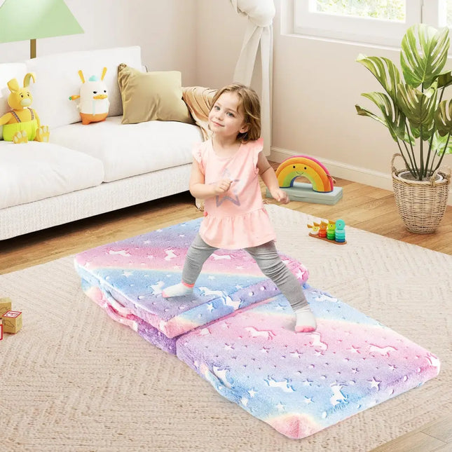 Foldable Floor Mattress for Kids with Washable Flannel Cover-Multicolor - Multicolor - Mattresses