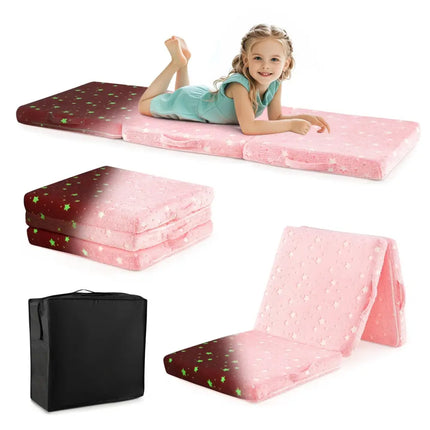 Foldable Floor Mattress for Kids with Washable Flannel Cover-Pink - Pink - Mattresses