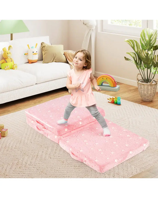 Foldable Floor Mattress for Kids with Washable Flannel Cover-Pink - Pink - Mattresses
