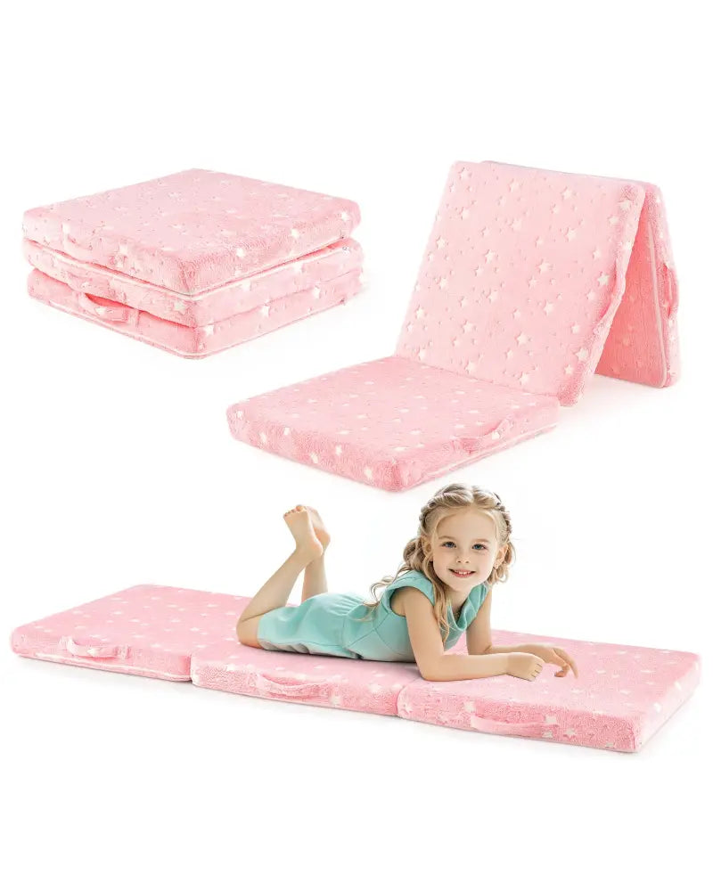 Foldable Floor Mattress for Kids with Washable Flannel Cover-Pink - Pink - Mattresses