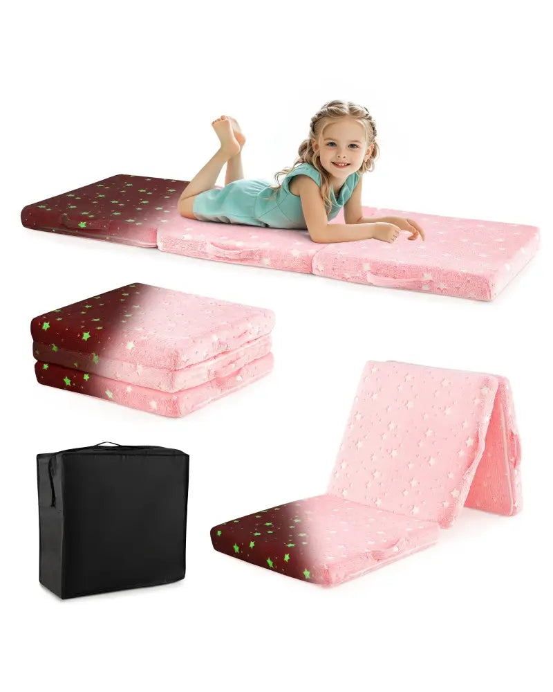 Foldable Floor Mattress for Kids with Washable Flannel Cover-Pink - Pink - Mattresses