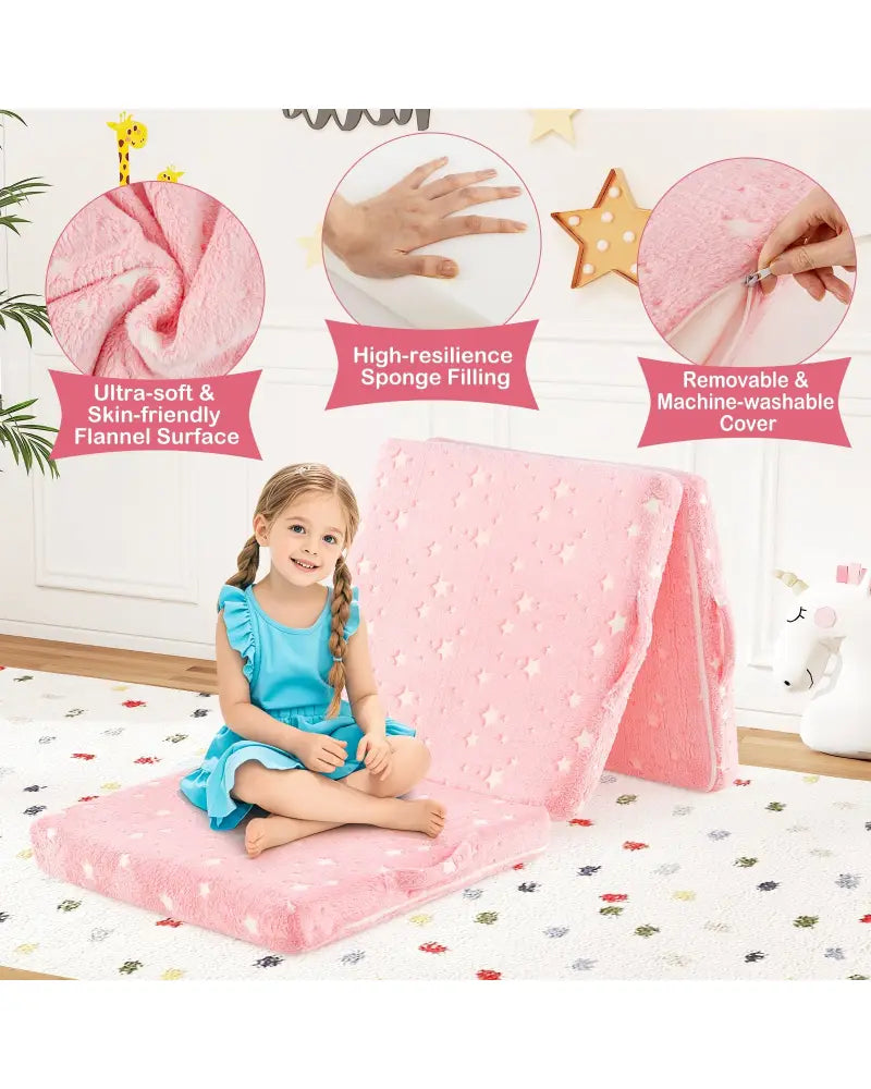 Foldable Floor Mattress for Kids with Washable Flannel Cover-Pink - Pink - Mattresses