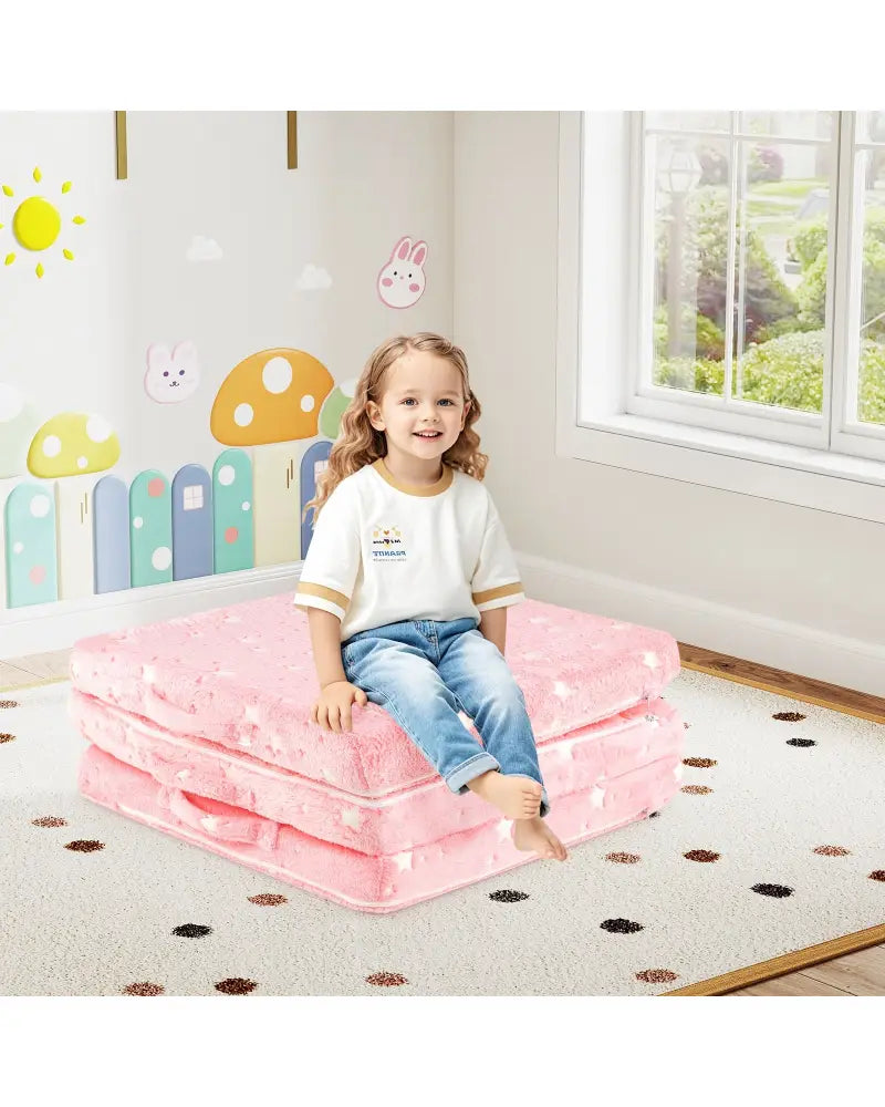 Foldable Floor Mattress for Kids with Washable Flannel Cover-Pink - Pink - Mattresses