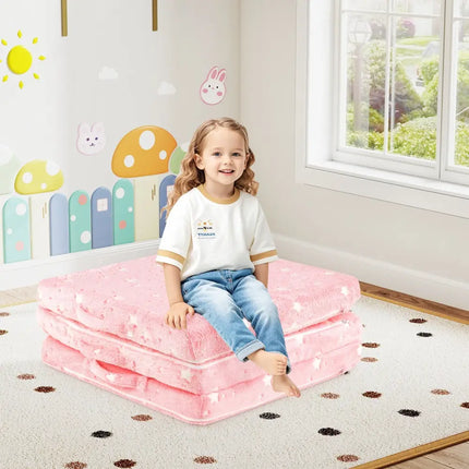 Foldable Floor Mattress for Kids with Washable Flannel Cover-Pink - Pink - Mattresses