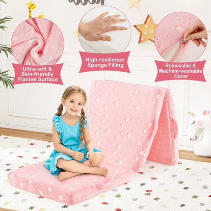 Foldable Floor Mattress for Kids with Washable Flannel Cover-Pink - Pink - Mattresses