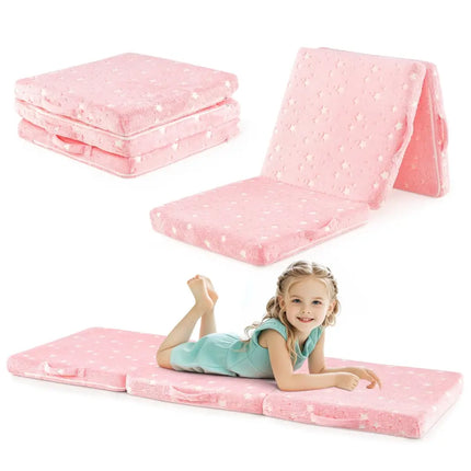 Foldable Floor Mattress for Kids with Washable Flannel Cover-Pink - Pink - Mattresses