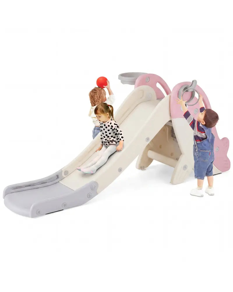 Foldable Freestanding Baby Slide Climber Playset with Basketball Hoop for Kids-Pink - Pink - Climbers & Slides
