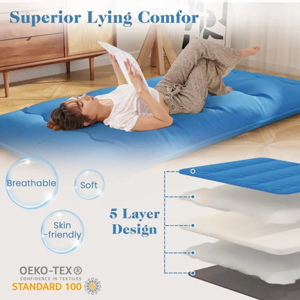 Foldable Futon Mattress with Washable Cover and Carry Bag for Camping Blue-Twin Size - Blue - Mattresses