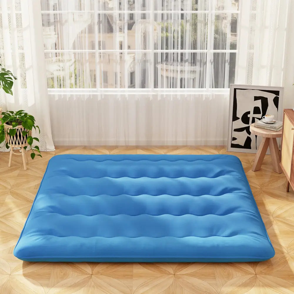 Foldable Futon Mattress with Washable Cover and Carry Bag for Camping Blue-King Size - Blue - Mattresses