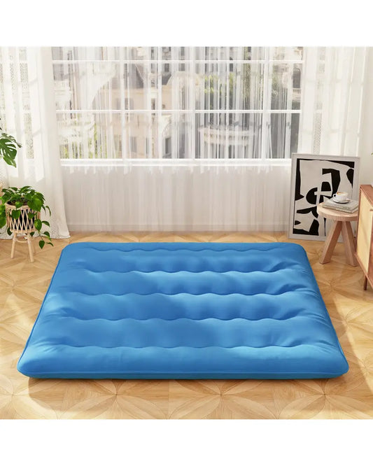 Foldable Futon Mattress with Washable Cover and Carry Bag for Camping Blue-King Size - Blue - Mattresses