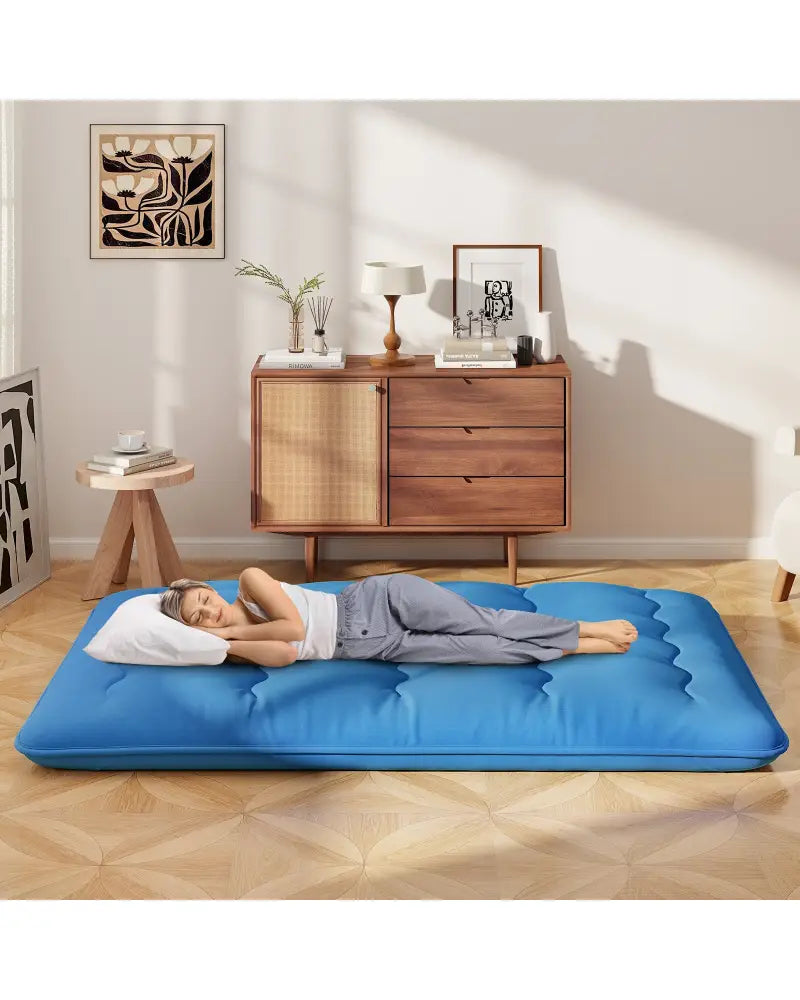 Foldable Futon Mattress with Washable Cover and Carry Bag for Camping Blue-Full Size - Blue - Mattresses