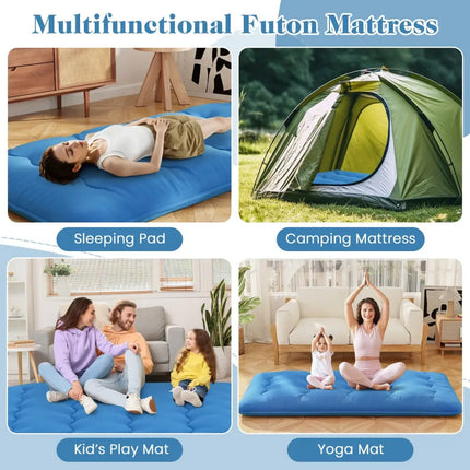Foldable Futon Mattress with Washable Cover and Carry Bag for Camping Blue-Twin Size - Blue - Mattresses