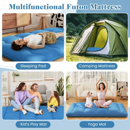 Foldable Futon Mattress with Washable Cover and Carry Bag for Camping Blue-Full Size - Blue - Mattresses