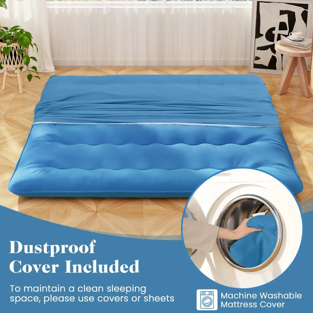 Foldable Futon Mattress with Washable Cover and Carry Bag for Camping Blue-King Size - Blue - Mattresses