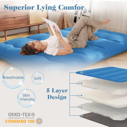 Foldable Futon Mattress with Washable Cover and Carry Bag for Camping Blue-Full Size - Blue - Mattresses
