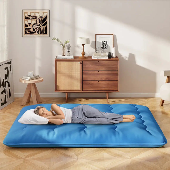Foldable Futon Mattress with Washable Cover and Carry Bag for Camping Blue-Queen Size - Blue - Mattresses