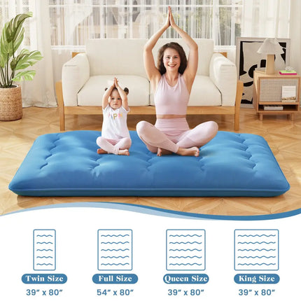 Foldable Futon Mattress with Washable Cover and Carry Bag for Camping Blue-Full Size - Blue - Mattresses