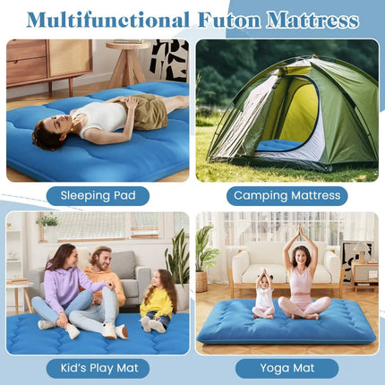 Foldable Futon Mattress with Washable Cover and Carry Bag for Camping Blue-Queen Size - Blue - Mattresses