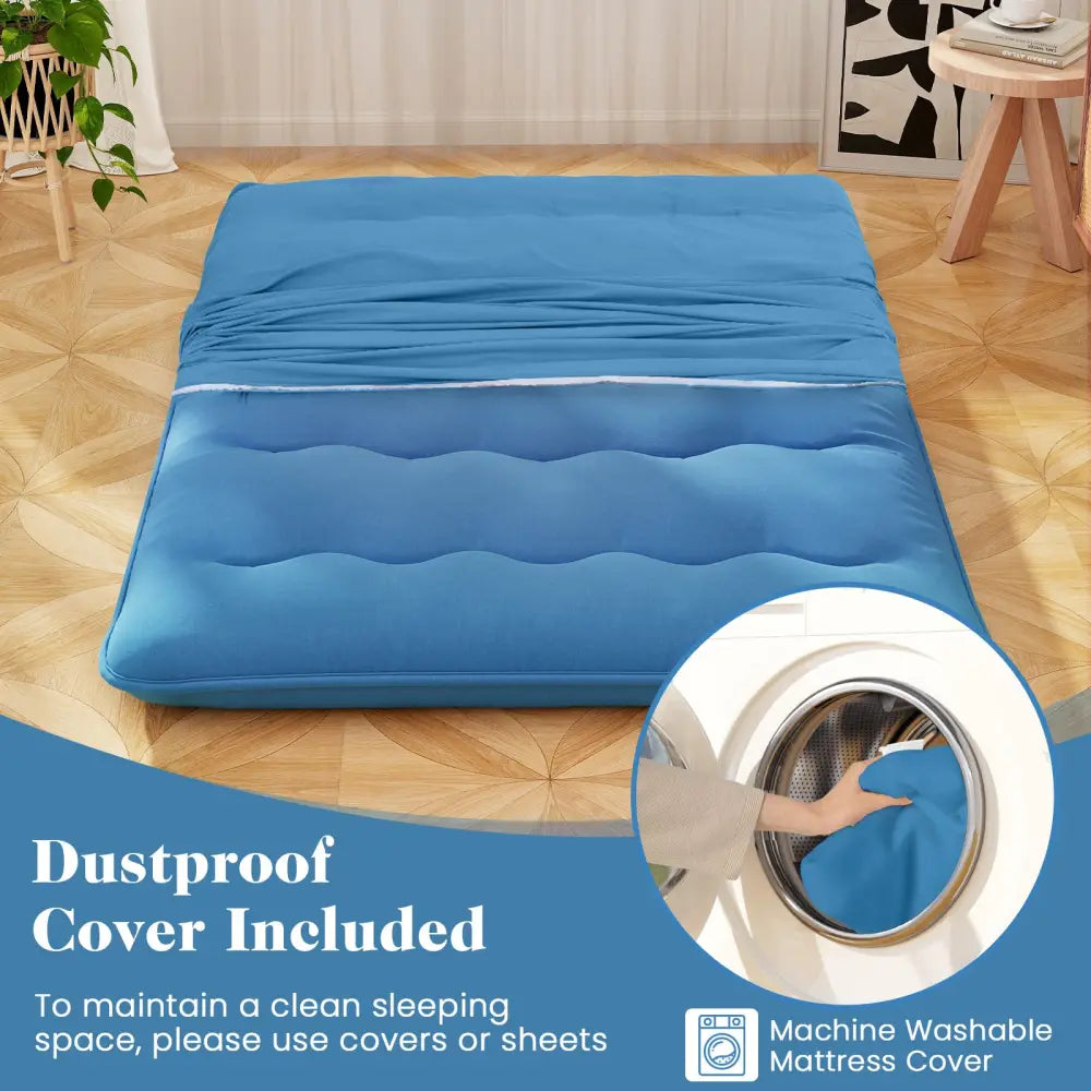 Foldable Futon Mattress with Washable Cover and Carry Bag for Camping Blue-Full Size - Blue - Mattresses