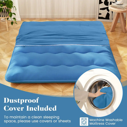 Foldable Futon Mattress with Washable Cover and Carry Bag for Camping Blue-Queen Size - Blue - Mattresses