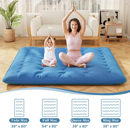 Foldable Futon Mattress with Washable Cover and Carry Bag for Camping Blue-King Size - Blue - Mattresses