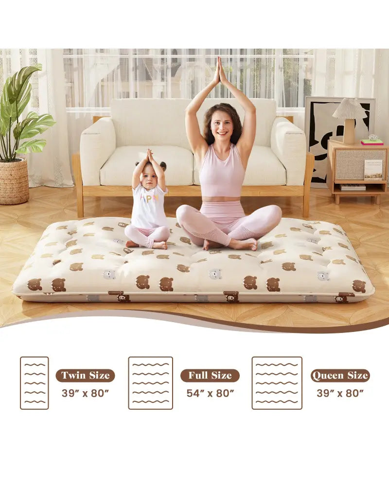 Foldable Futon Mattress with Washable Cover and Carry Bag for Camping-Full Size - Brown - Mattresses