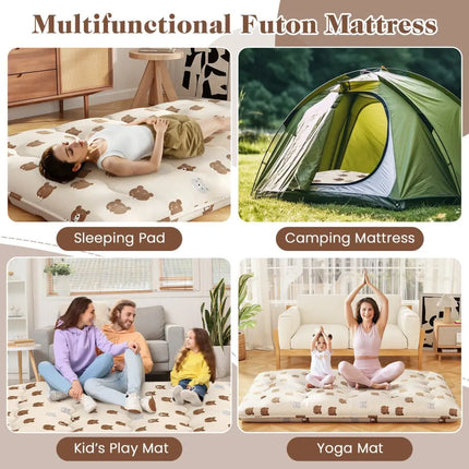 Foldable Futon Mattress with Washable Cover and Carry Bag for Camping-Full Size - Brown - Mattresses