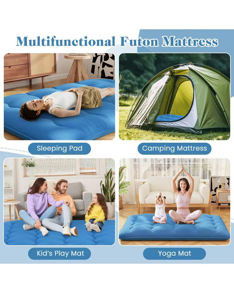 Foldable Futon Mattress with Washable Cover and Carry Bag for Camping Blue-Full Size - Blue - Mattresses