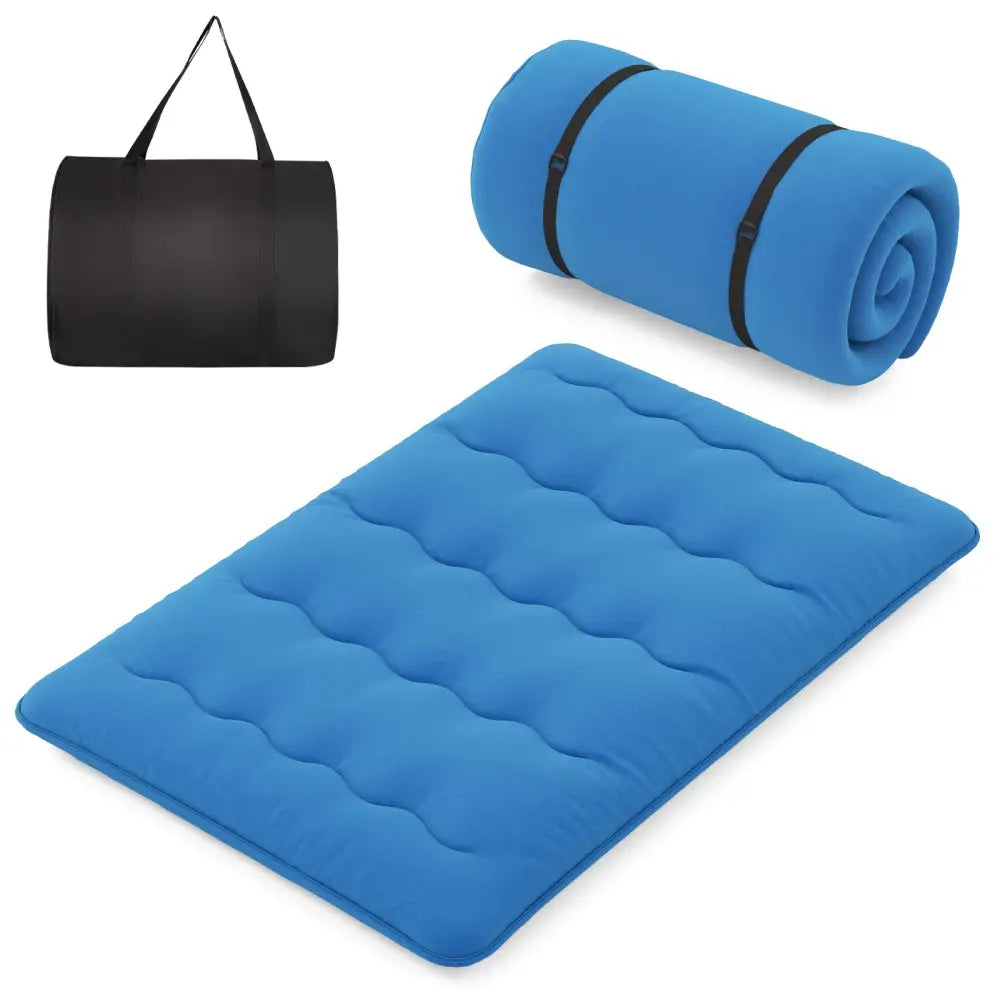 Foldable Futon Mattress with Washable Cover and Carry Bag for Camping Blue-Full Size - Blue - Mattresses