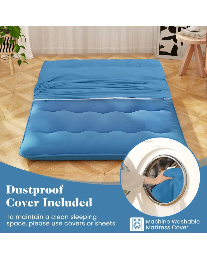 Foldable Futon Mattress with Washable Cover and Carry Bag for Camping Blue-Full Size - Blue - Mattresses