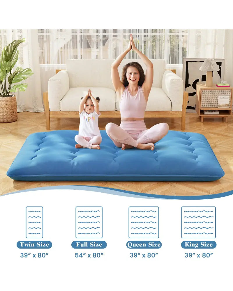 Foldable Futon Mattress with Washable Cover and Carry Bag for Camping Blue-Full Size - Blue - Mattresses