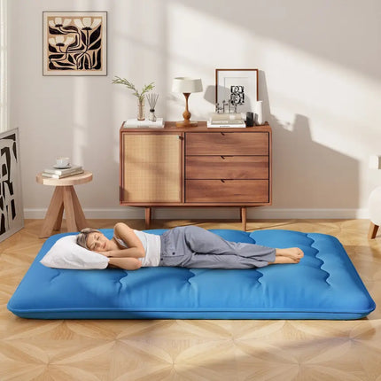 Foldable Futon Mattress with Washable Cover and Carry Bag for Camping Blue-Full Size - Blue - Mattresses